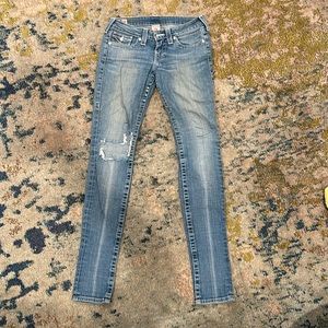 TRUE RELIGION ✨ Skinny Jeans Light Wash Distressed Jeweled Rivets Size 26